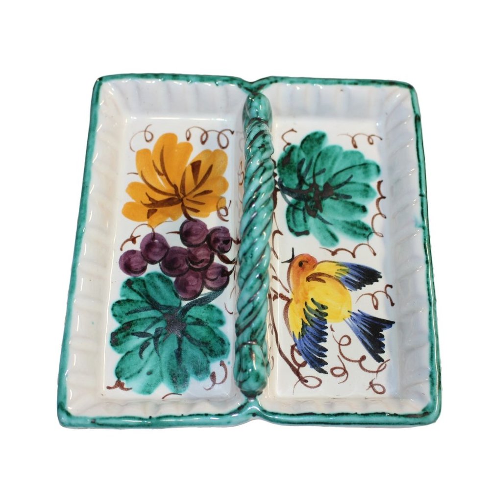 Vintage Teal Divided Dish with Bird Grapes Leaves Marked PV Italy